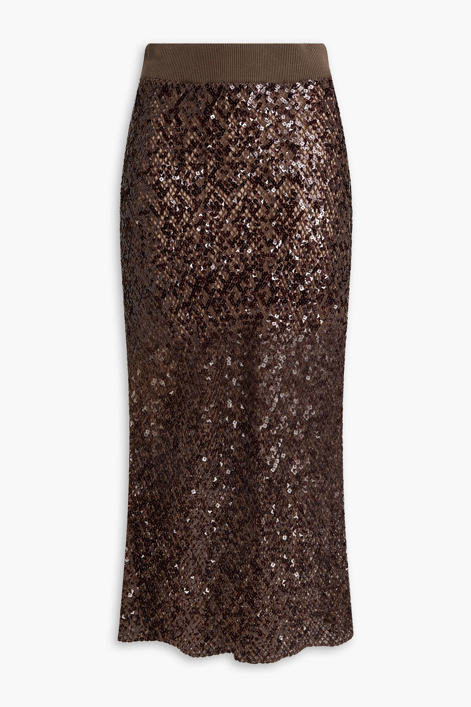 Metallic sequin-embellished linen-blend midi skirt - Brown - 3XL