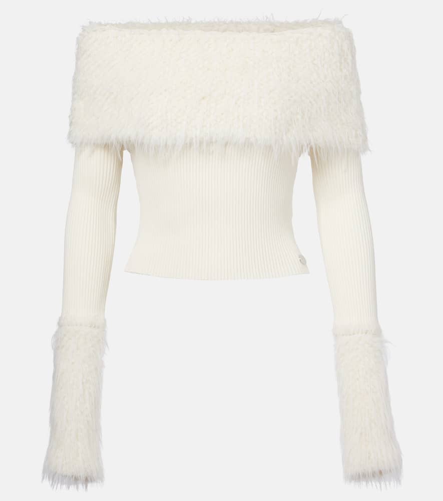 Ribbed-knit faux fur-trimmed top