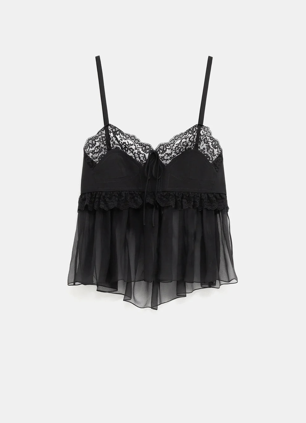 Lace-Trimmed Silk Crepe Tank Top — Black