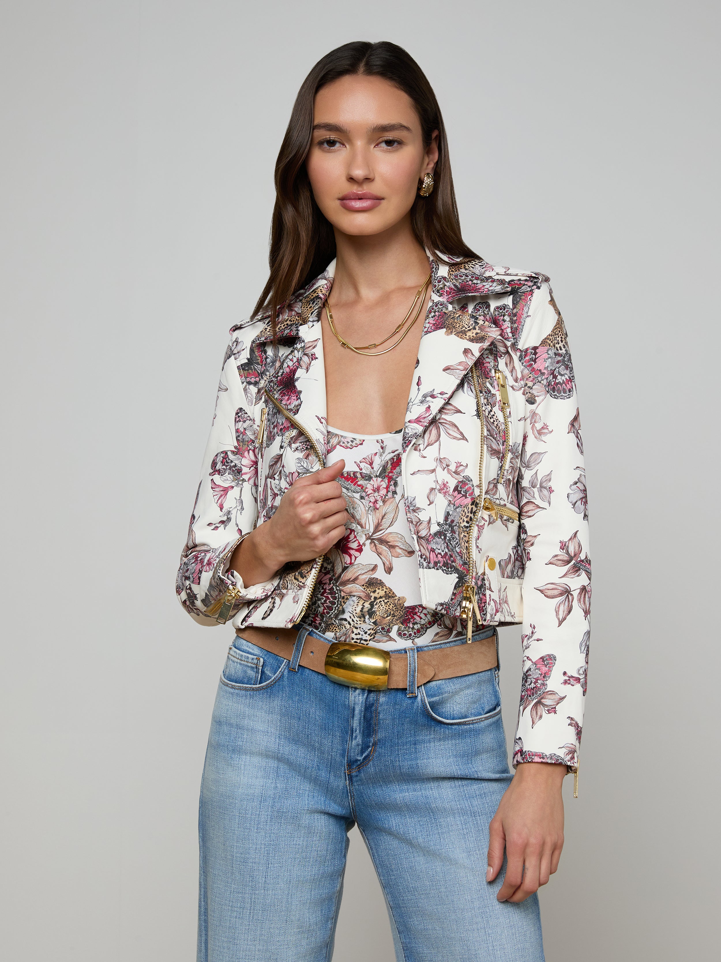 Blakely Leather Biker Jacket In White Multi Small Butterfly Jungle