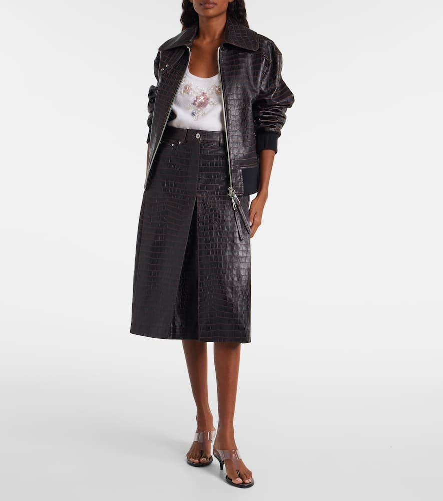 Pleated croc-effect leather midi skirt