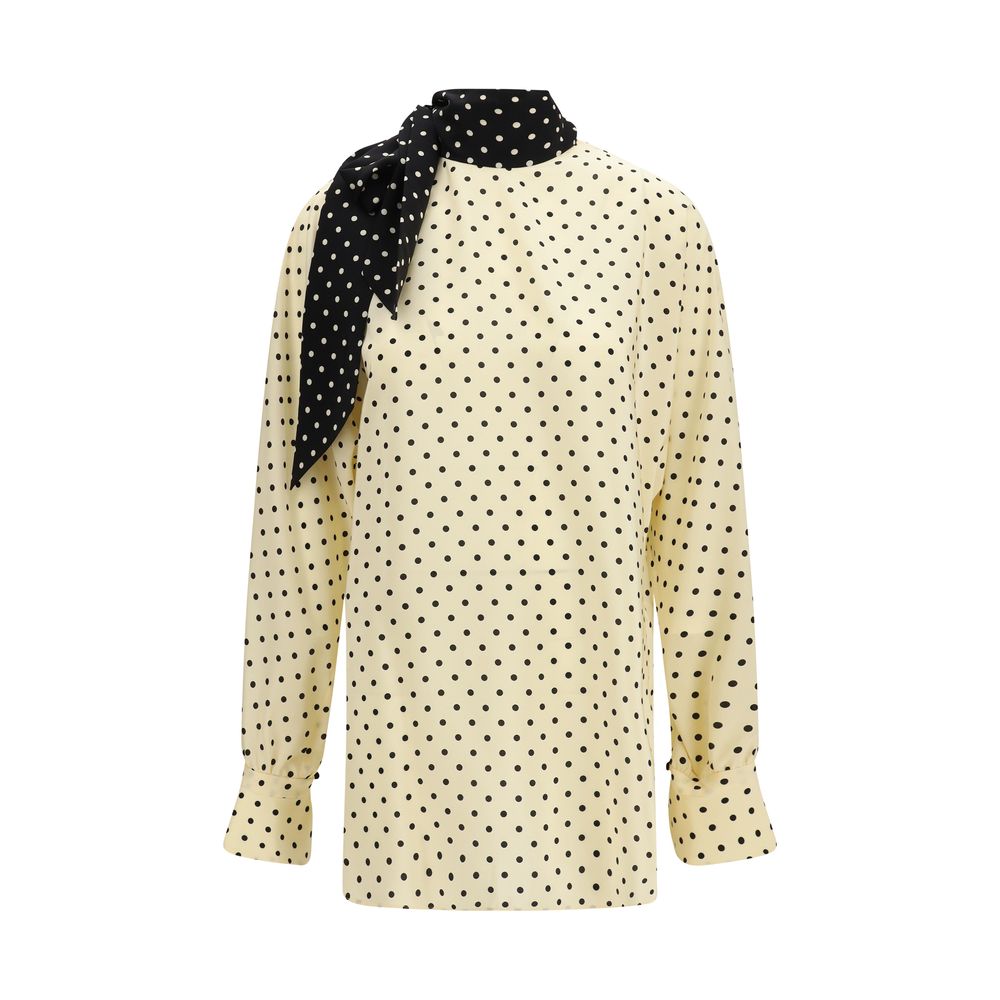 Polka-Dot Silk Blouse — Beige