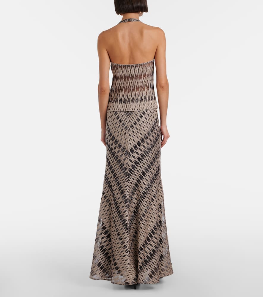 Open-knit lamé maxi skirt