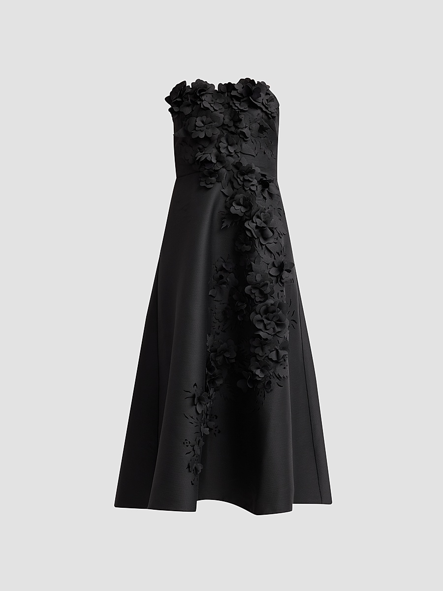 Women's Floral Applique Strapless Cocktail Dress - Black