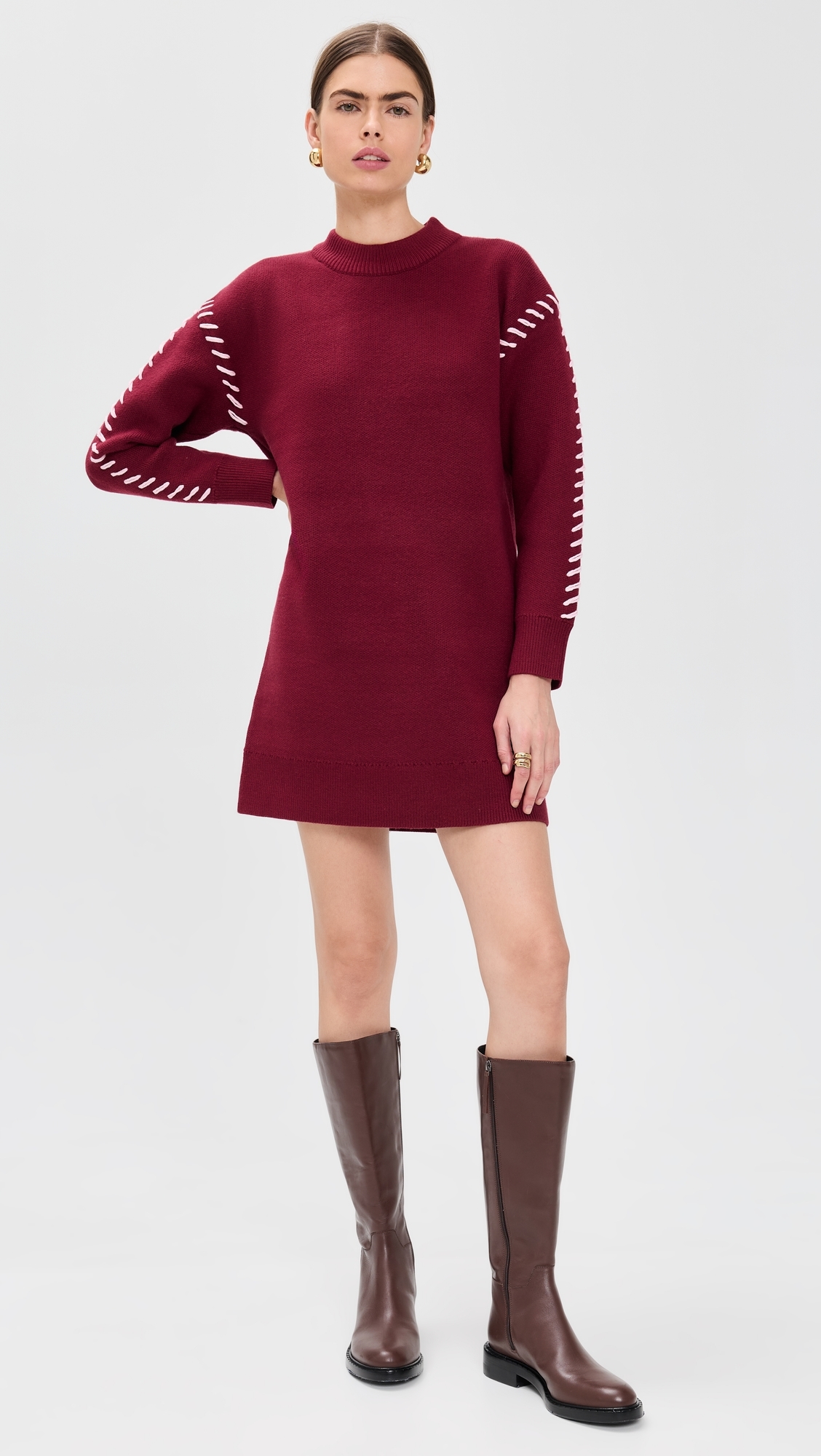 Whip Stitched Knit Mini Dress Burgundy/Pink