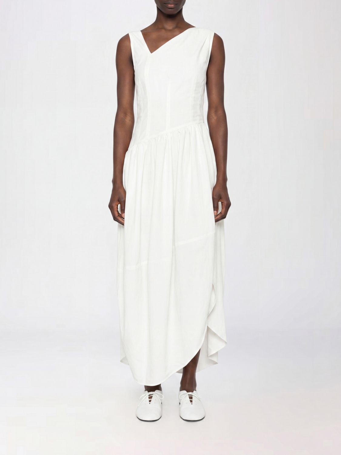 Asymmetrical Off-The-Shoulder Midi Dress in Ramie and Viscose