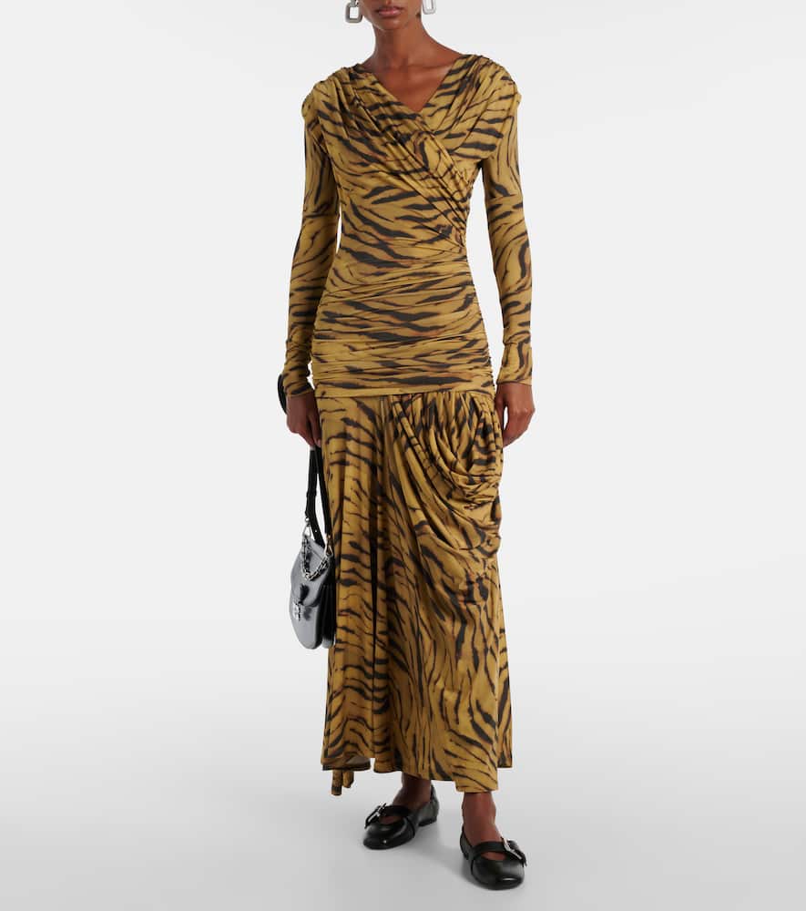 Asymmetric draped tiger-print maxi dress