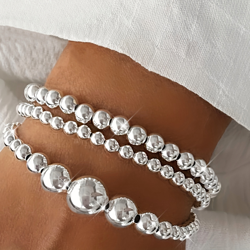 TEMU S925 Sterling Silvery Beaded Bracelets For Women - 3pcs Set, Simple Round Handcrafted Bead Design, Perfect For Daily Wear, Valentine's Day Gift