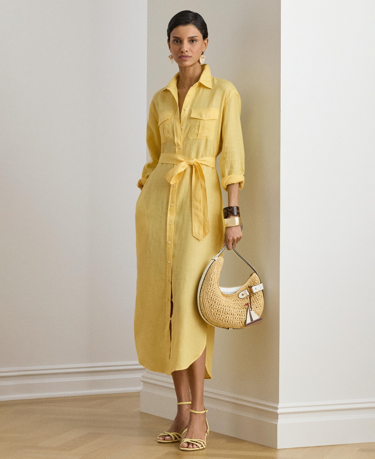 Women's Point Collar Midi Shirt Dress - Lemon Sorbet