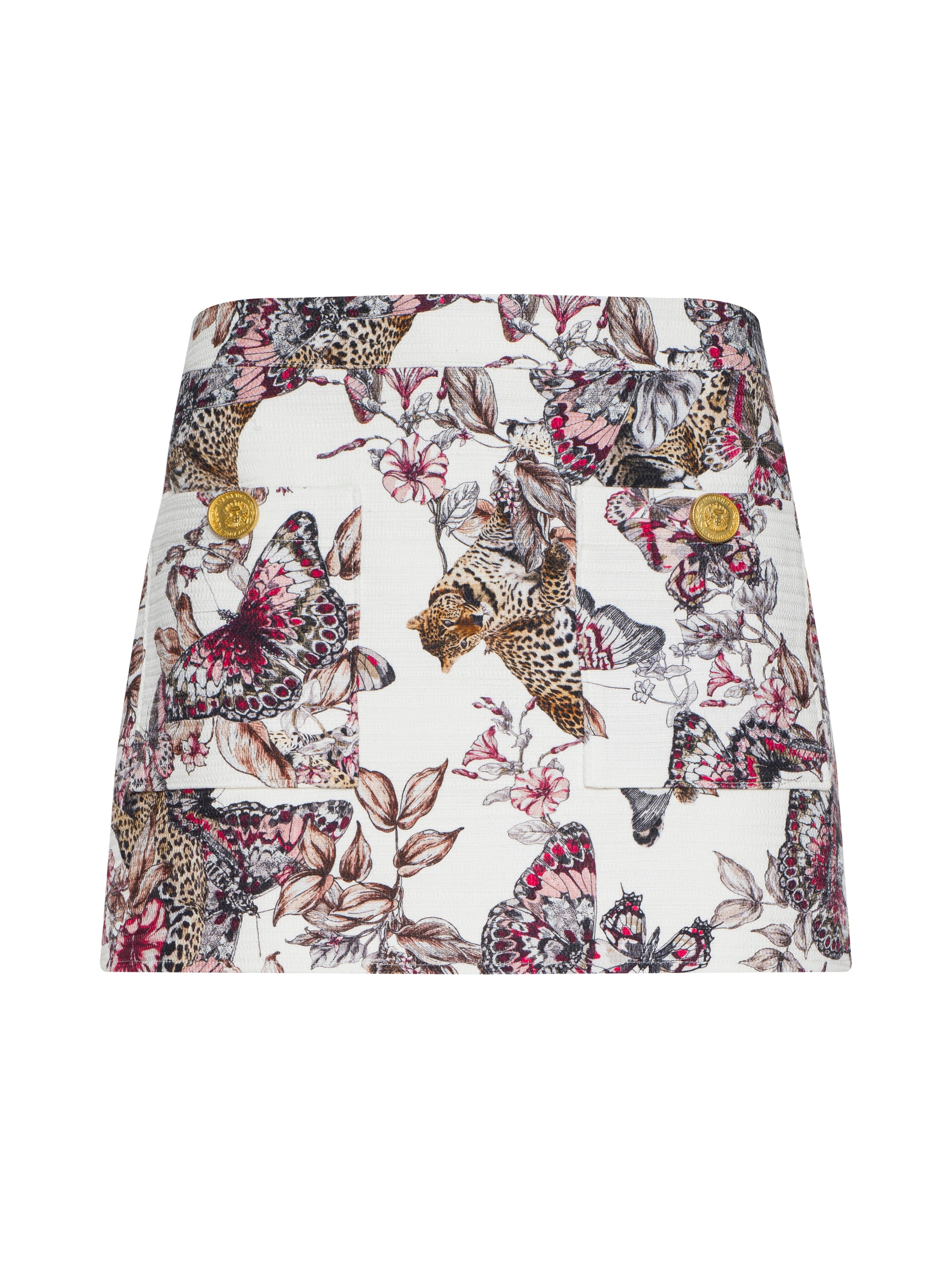 Cyra Low-Rise Mini Skirt In White Multi Large Butterfly Jungle