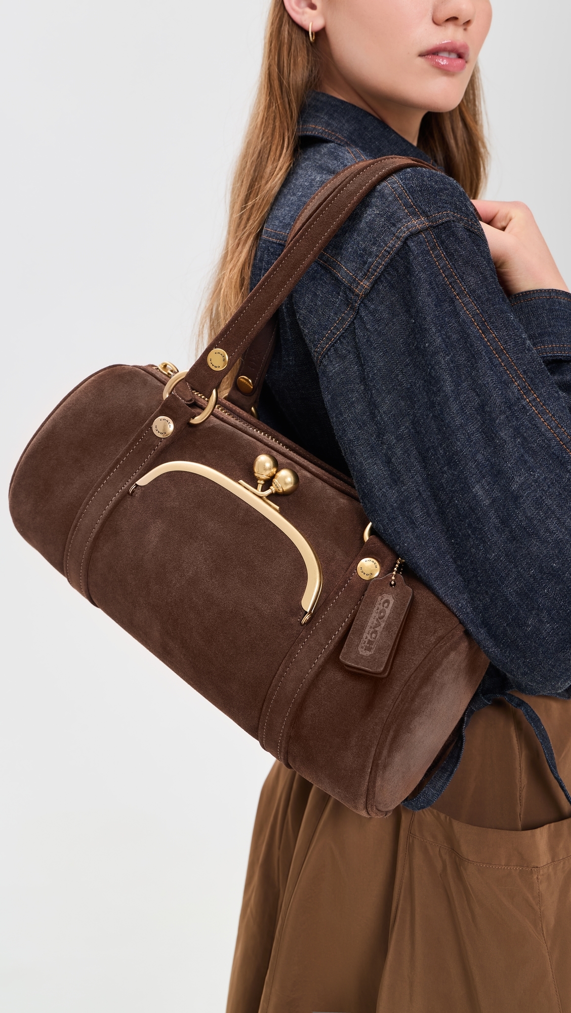 Suede Kisslock Barrel Bag Chocolate One Size