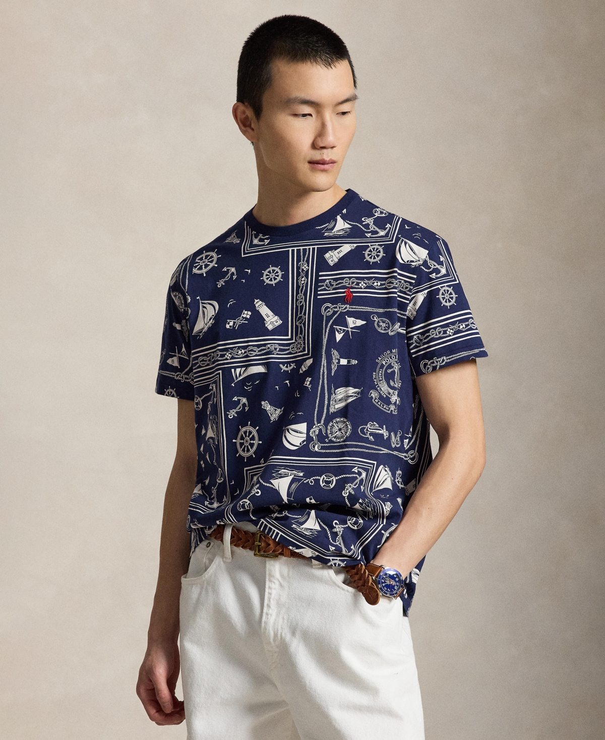Men's Printed Crewneck T-Shirt - Nautical Bandana Patchwork/Newport Navy