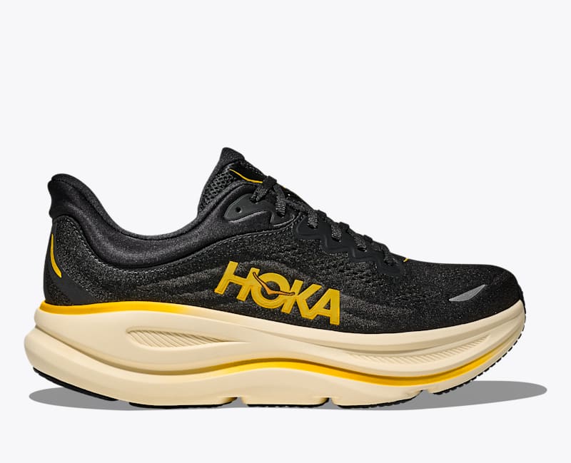 HOKA Men's Bondi 9 Shoes in Carbon Black/Yellow Gold