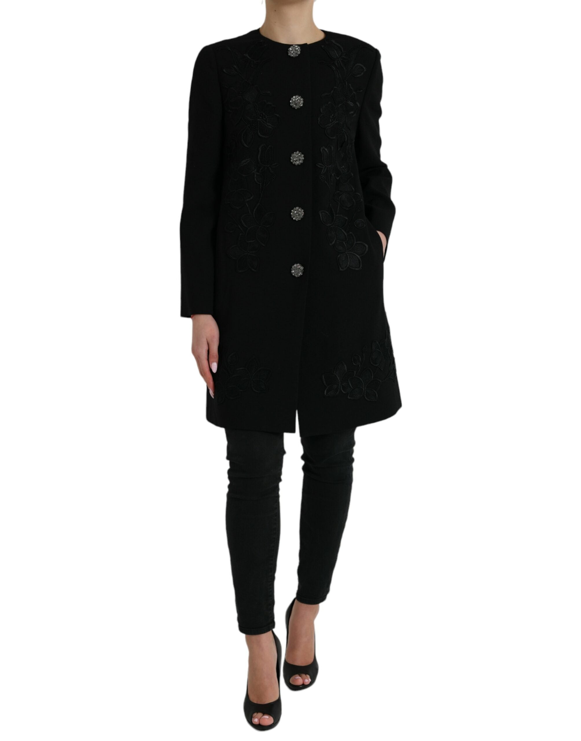Floral Wool Button-Embellished Jacket — Black