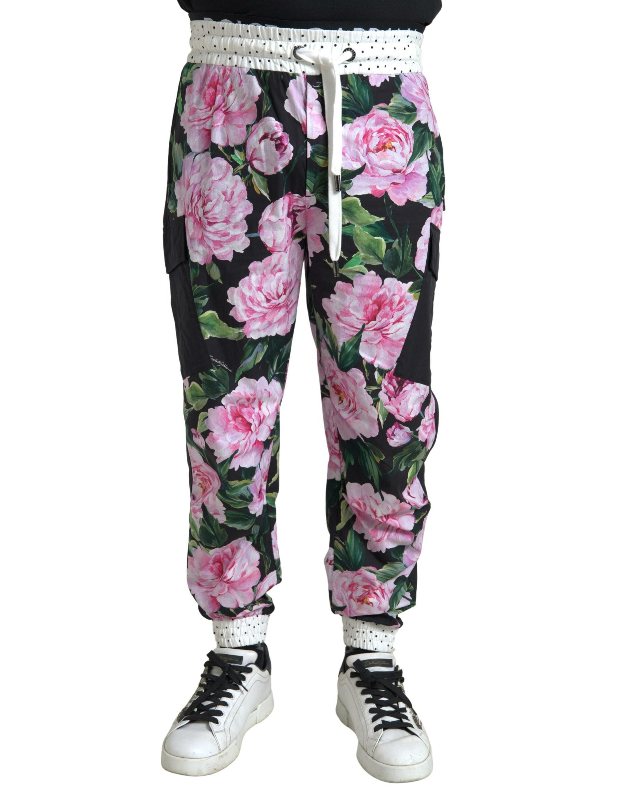 Peony-Print Cotton Joggers — Black