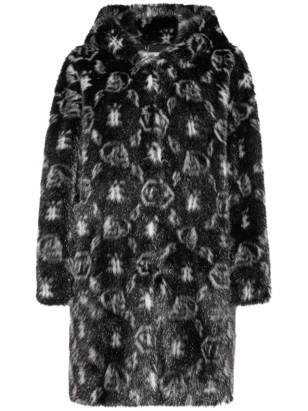 Monogram-print hooded coat - Black