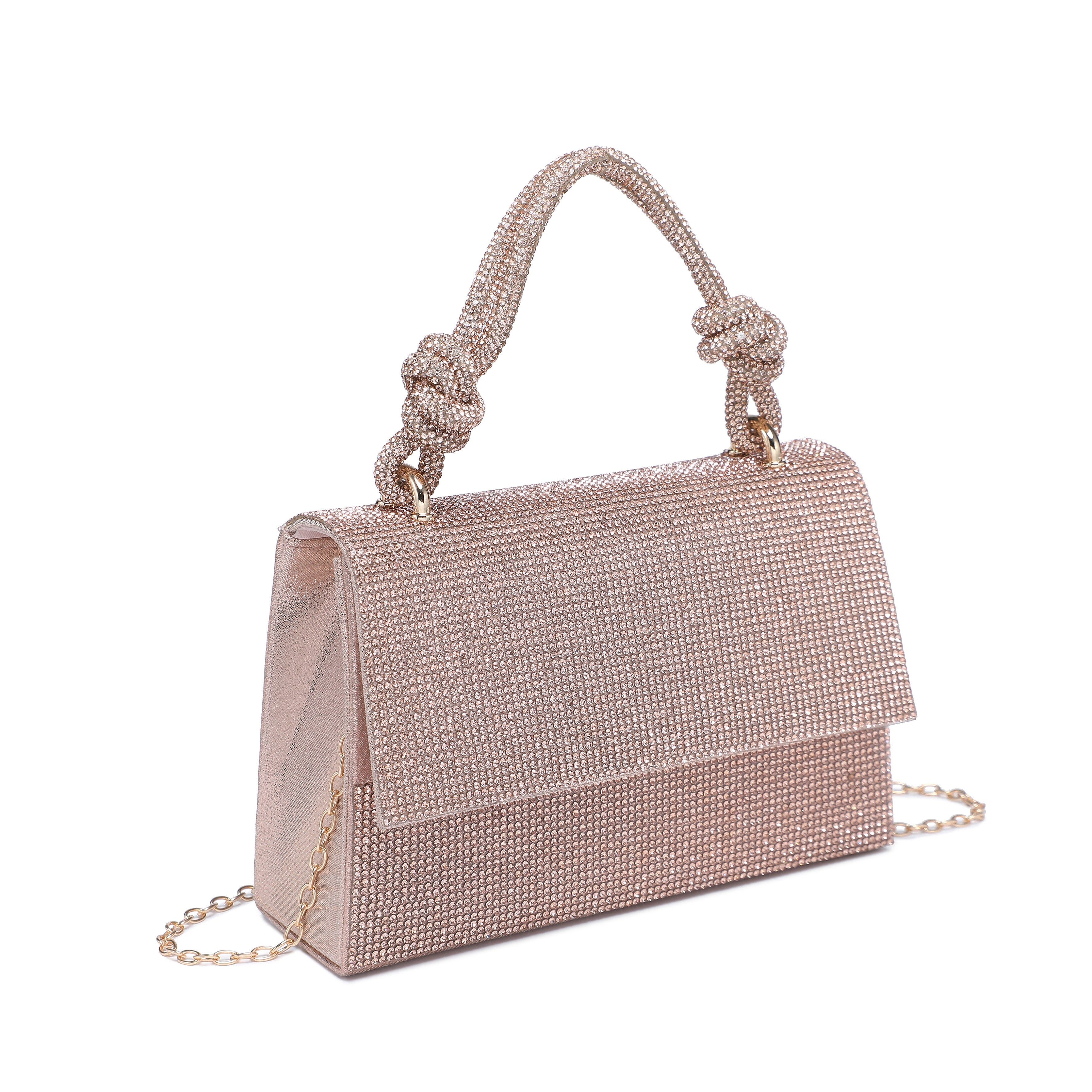 JFY Women's Flap Rhinestone Embedded Knots Top Handle Diamante Clutch Bag in Metallic Gold