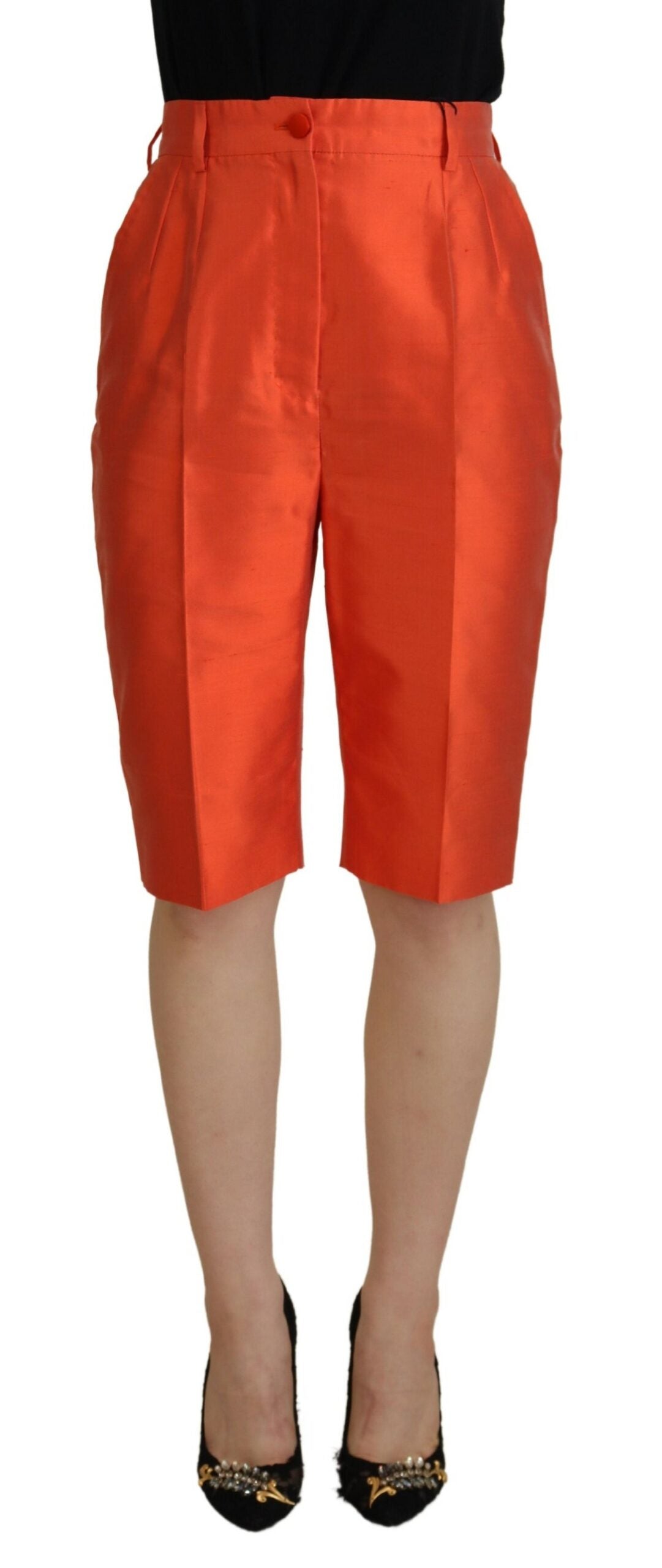 100% Silk High-Waist Bermuda Shorts — Orange
