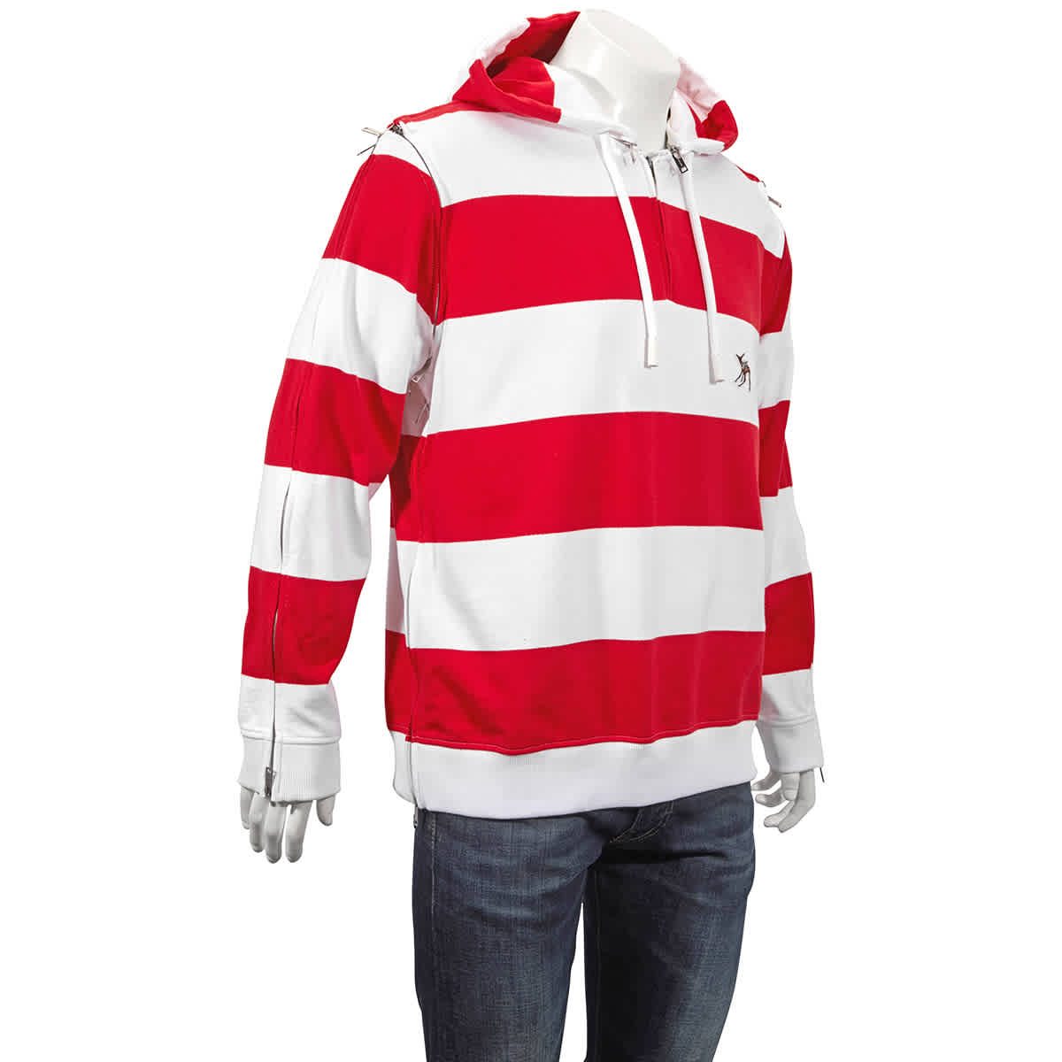 Mens Red Zip Detail Striped Cotton Hoodie