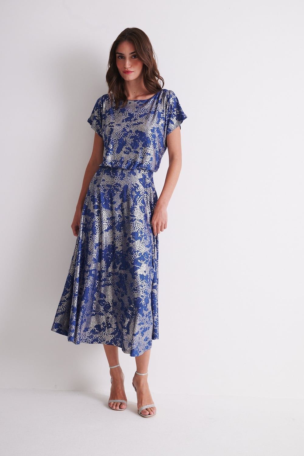 Klass. Foil Printed Midi Dress In Blue