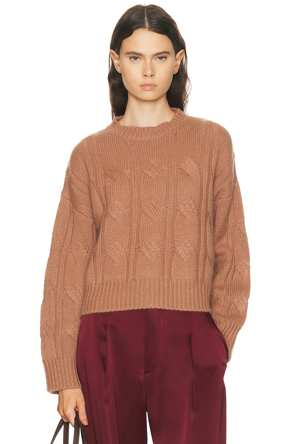 SABLYN Tristan Crewneck Cable Pullover Sweater in Prairie Sand - Rust. L also in M