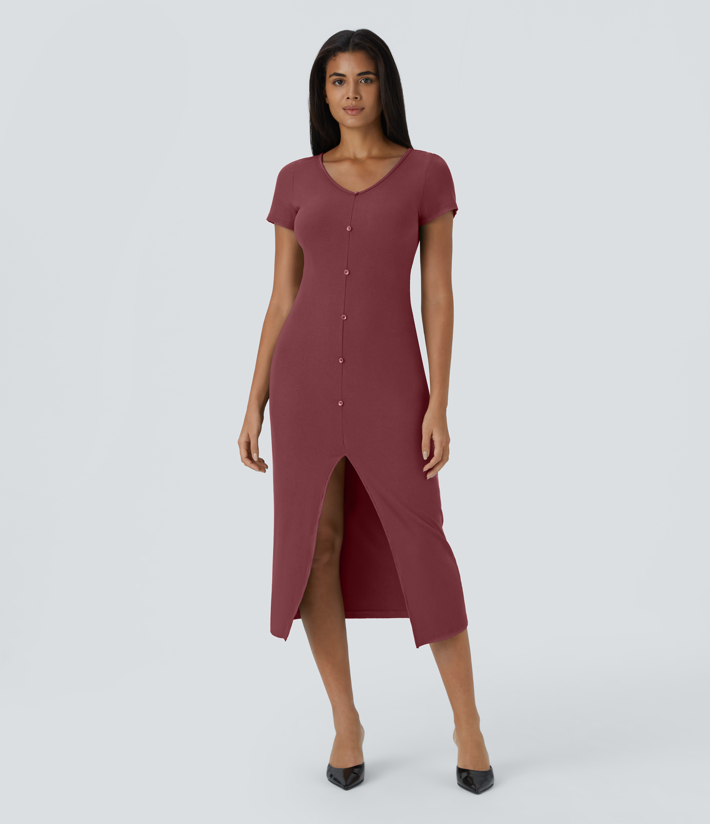 Ribbed Knit V Neck Midi Chill Dress Casual Dress - Pomegranate