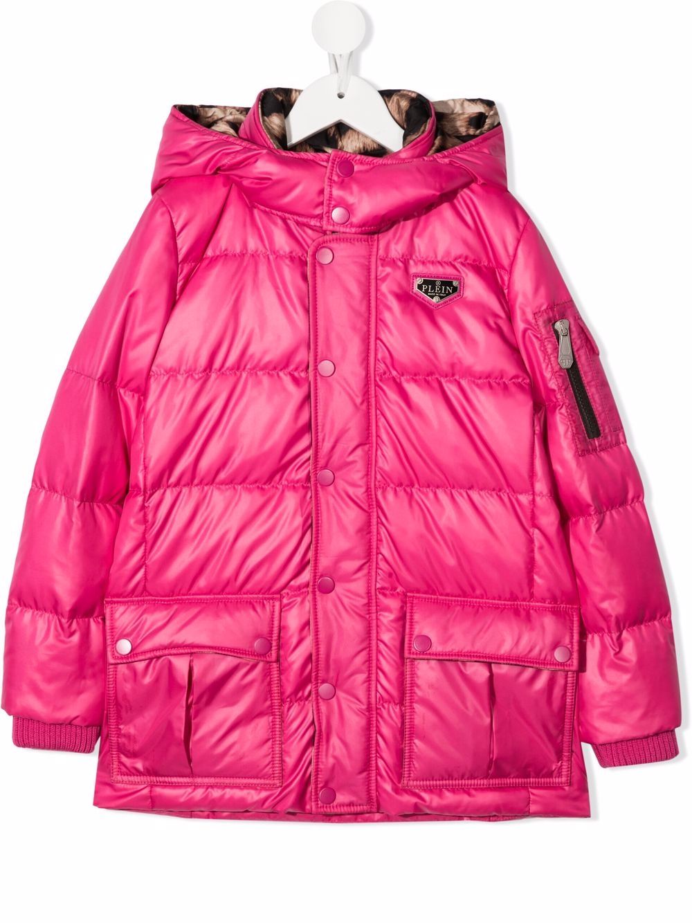 Satin logo-patch hooded padded jacket - Pink