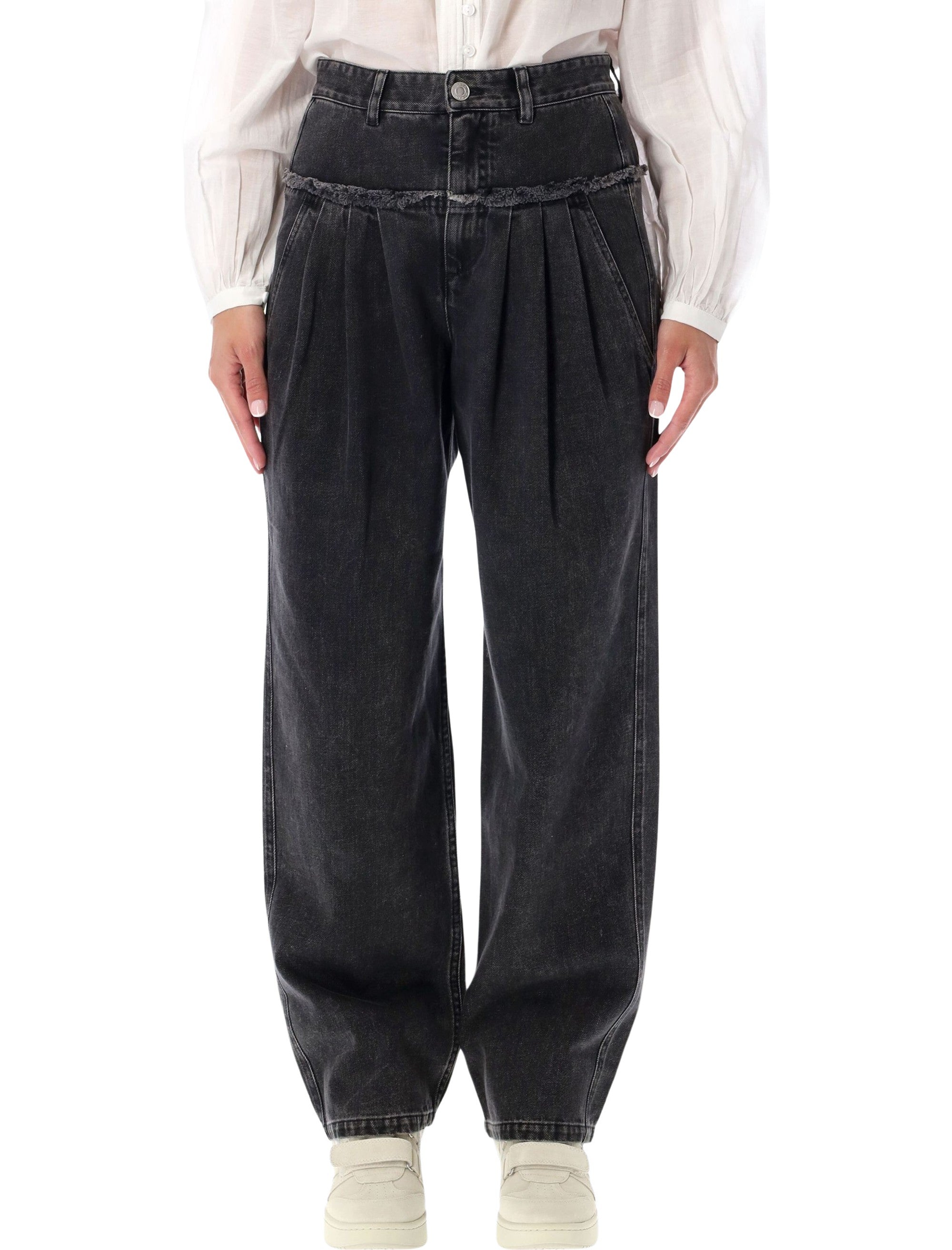 Iniza Wide-Leg Pleated Denim Jeans with Fringed Waist Yoke