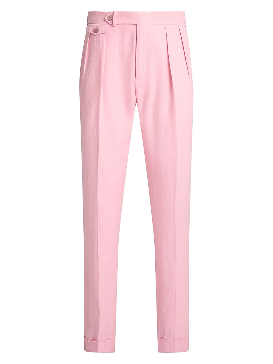 Men's Pleated Linen Straight-Leg Trousers - Resort Pink