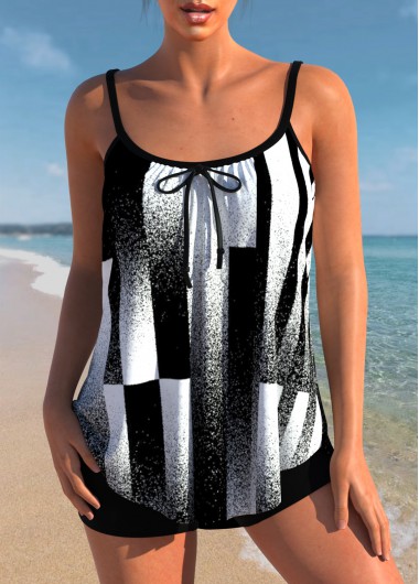 Modlily Bowknot Geometric Print Black Contrast Tankini Top