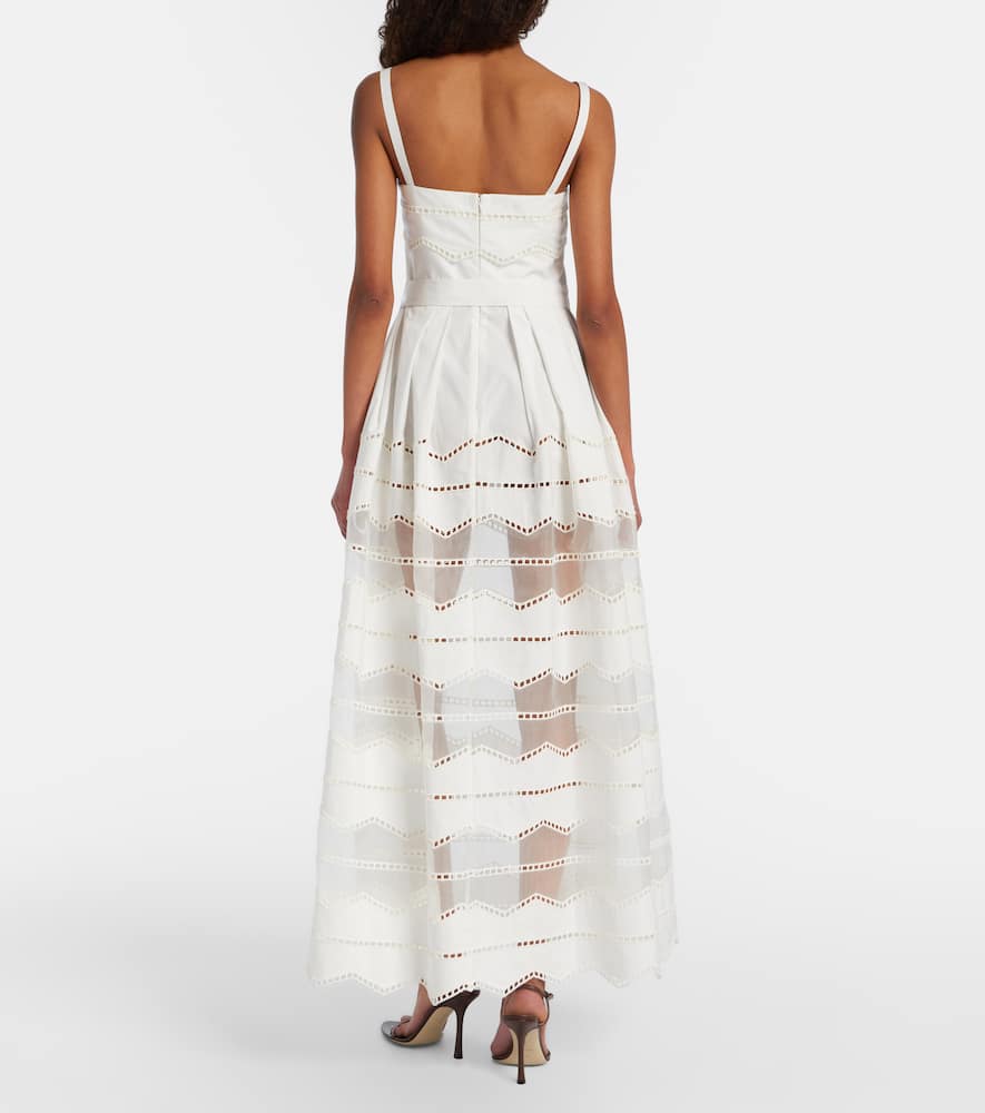 Belted organza-trimmed cotton maxi dress
