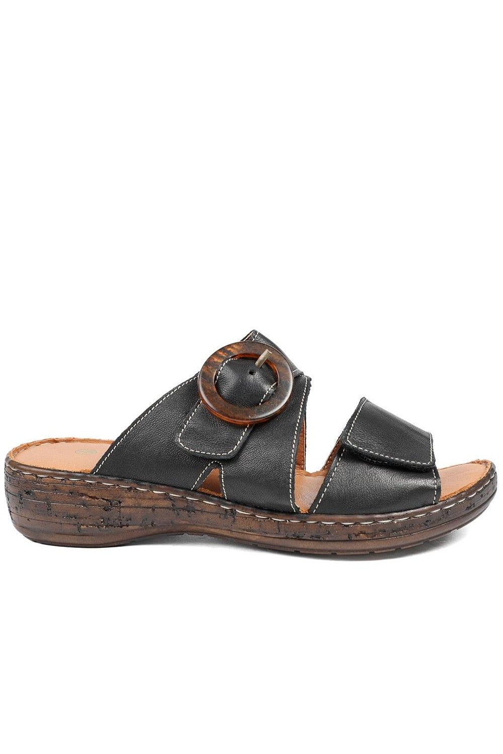 Pavers Women's Wide Fit Leather Adjustable Fasten Sandals in Black