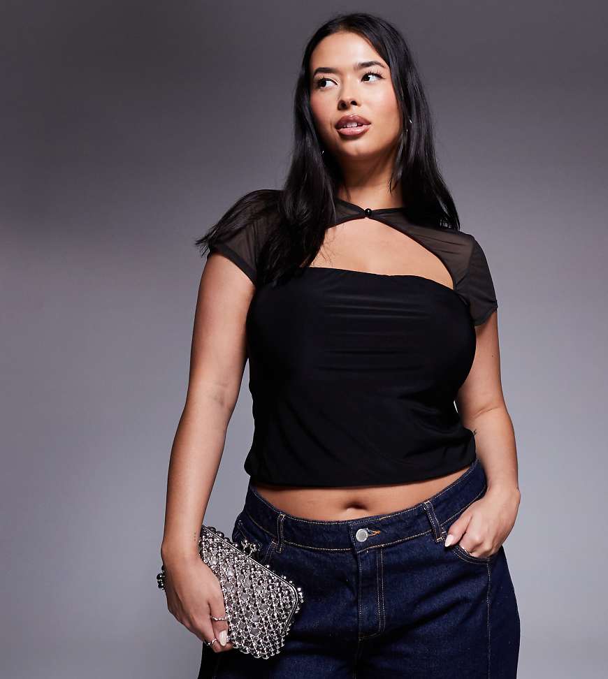 ASOS DESIGN Curve mesh short sleeve top with rouleau button detail in black
