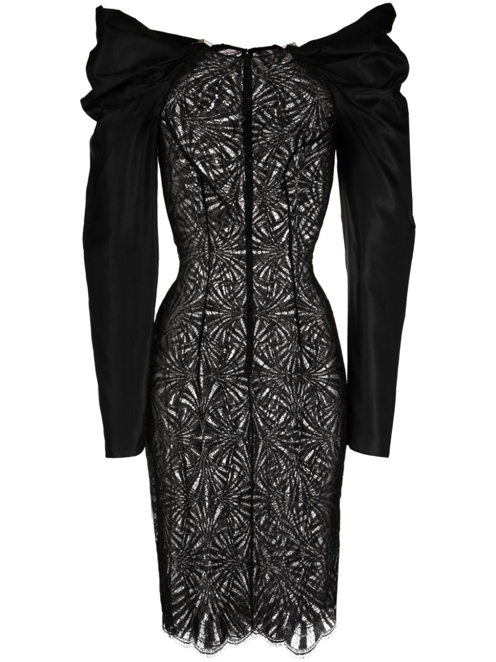 Lace-panel shantung midi dress - Black