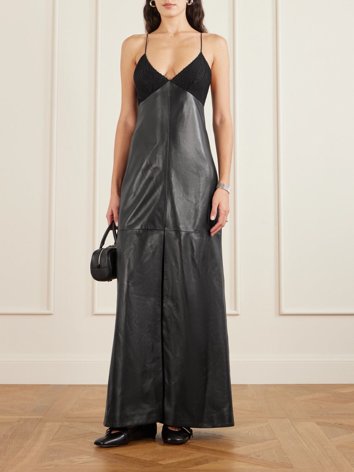 Amelia Embellished Silk-trimmed Leather Maxi Dress - Black