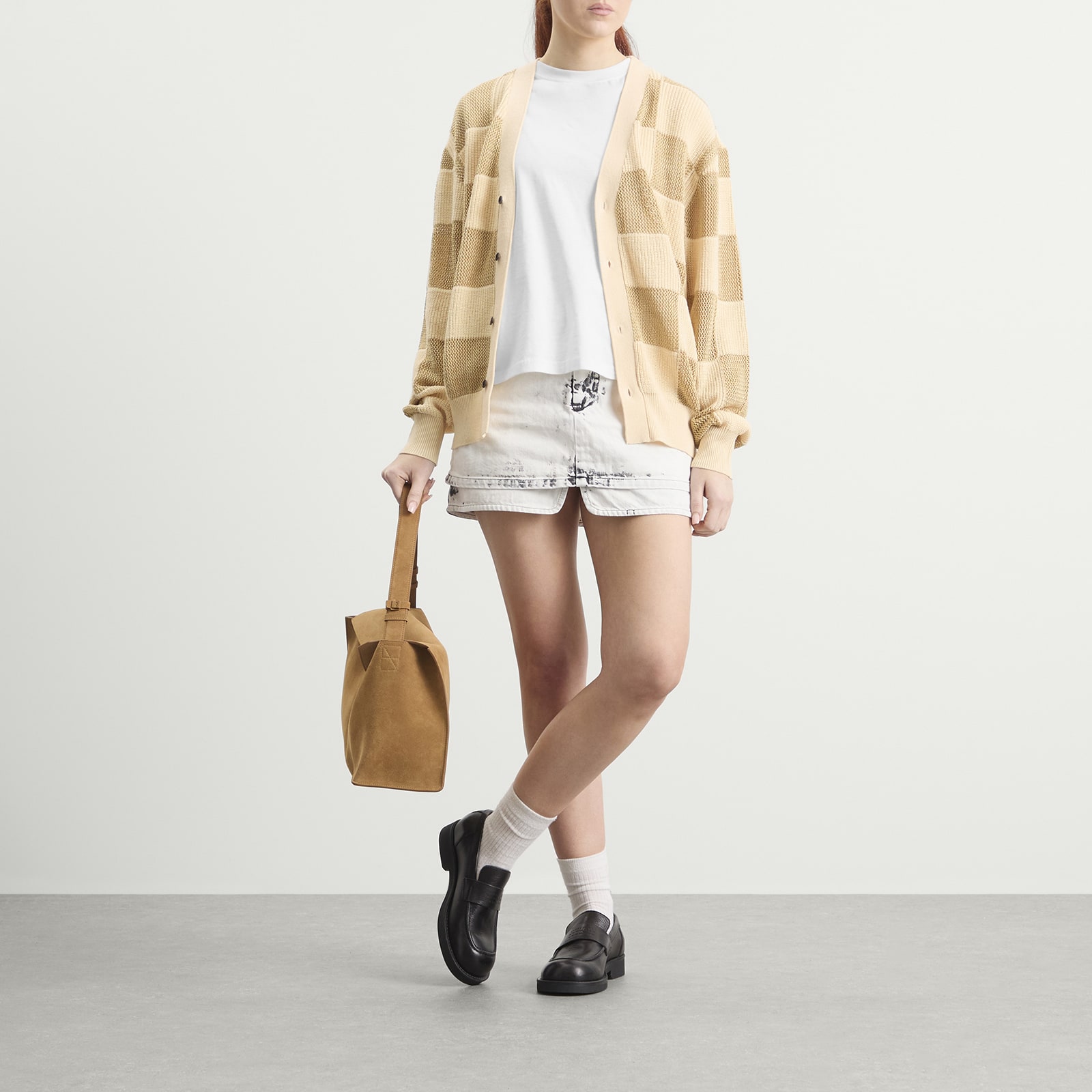 Women's TOGA Checkered Knit Cardigan in Beige