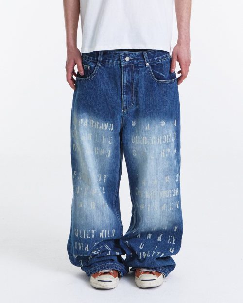 Phonetic Code Printed Wide Denim Pants