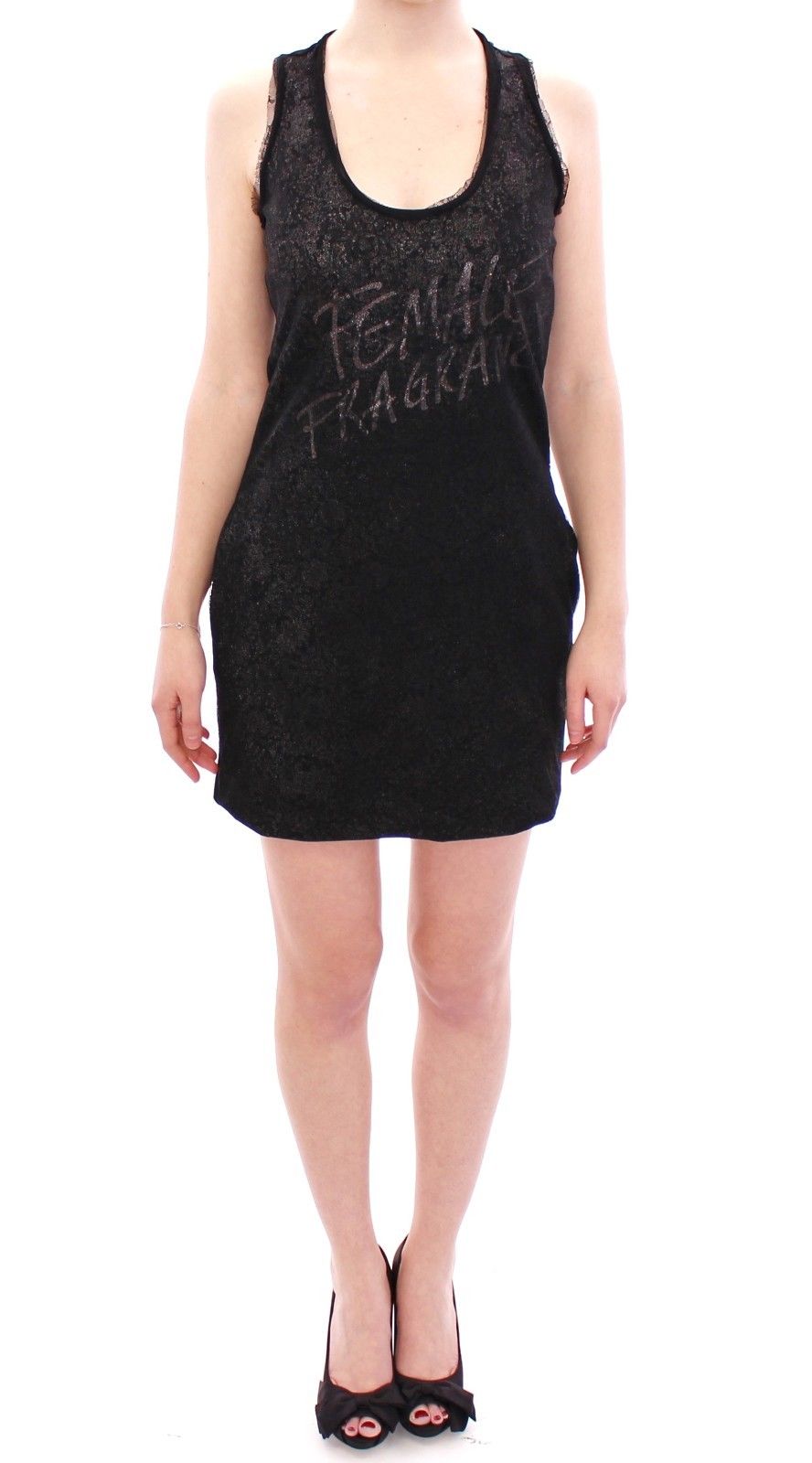 Lace-Lined Stretch Nylon Tank Top — Black