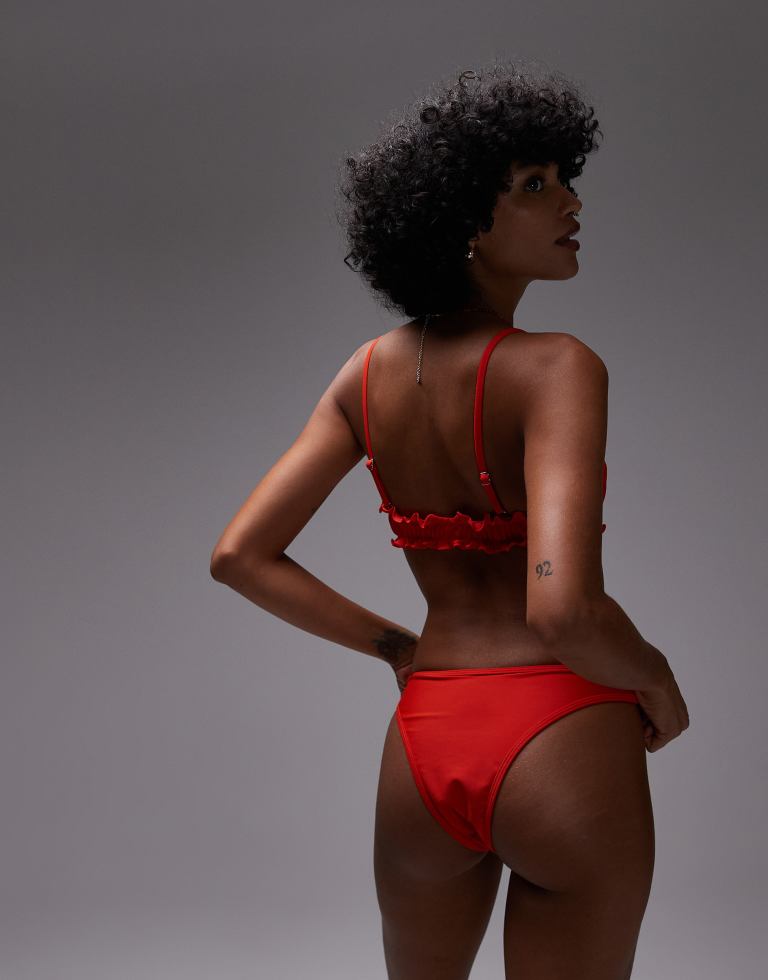 Topshop Womens Miami frill high leg brief bikini bottoms in red
