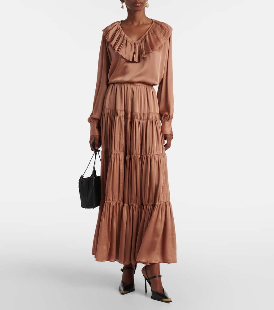 Gaelle tiered silk satin maxi skirt