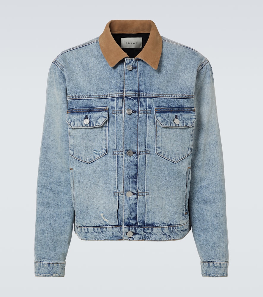 Distressed suede-trimmed denim jacket
