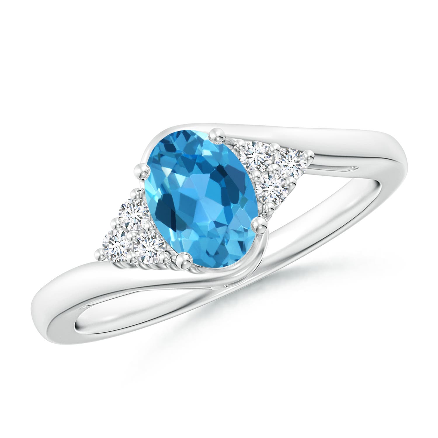 Angara 0.95 Carat Oval Swiss Blue Topaz Bypass Ring with Trio Diamond Accents in Platinum