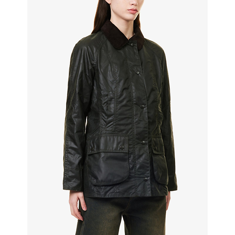 Womens Sage Beadnell Tartan-lined Waxed-cotton Jacket