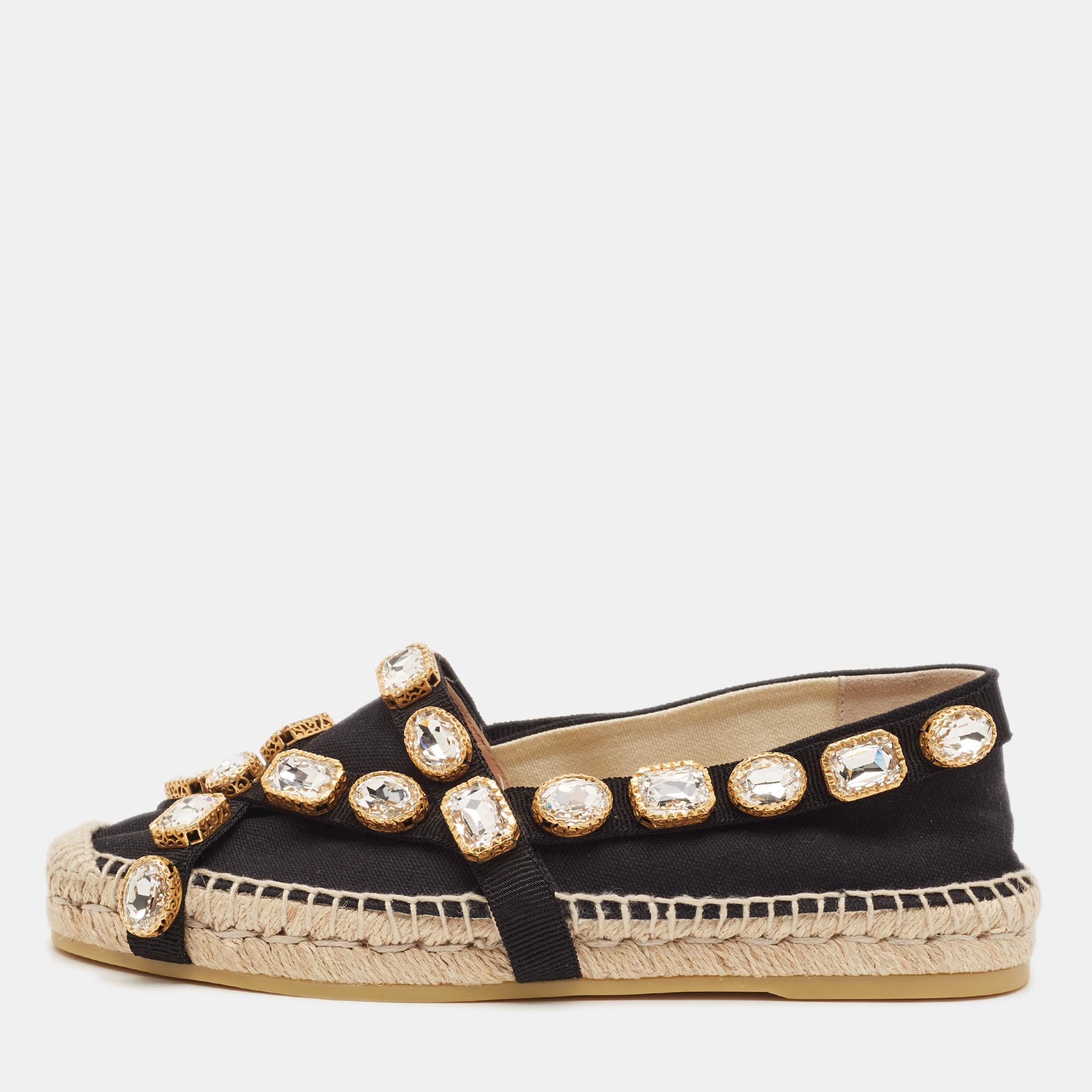Gucci Pepita Crystal Embellished 37 Black Canvas Espadrille Flat