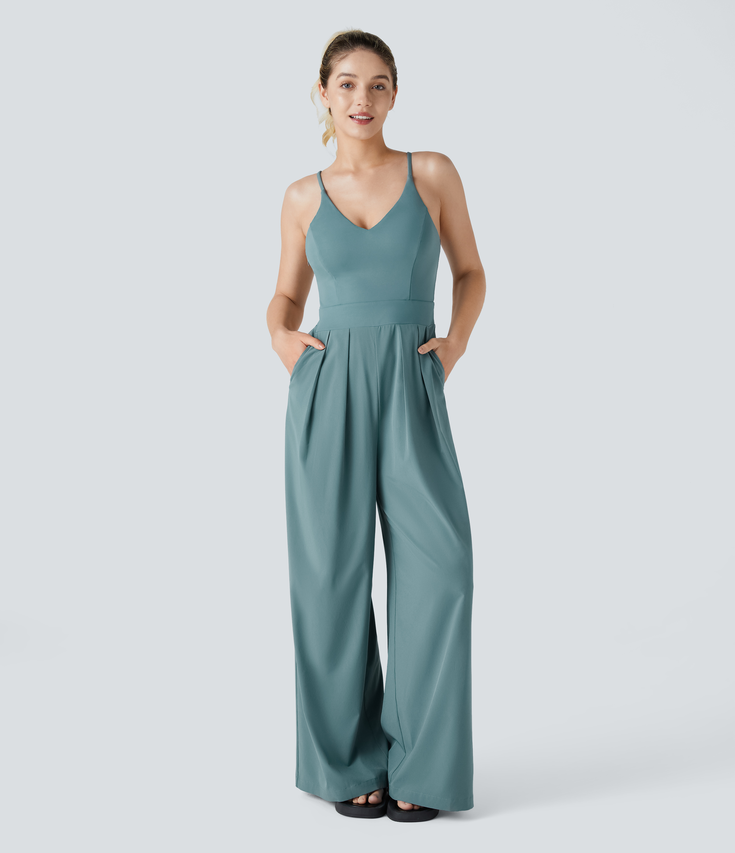Breezeful™ Backless Side Invisible Zipper Pocket Wide Leg Quick Dry Resort Slip Jumpsuit  - Stone Blue