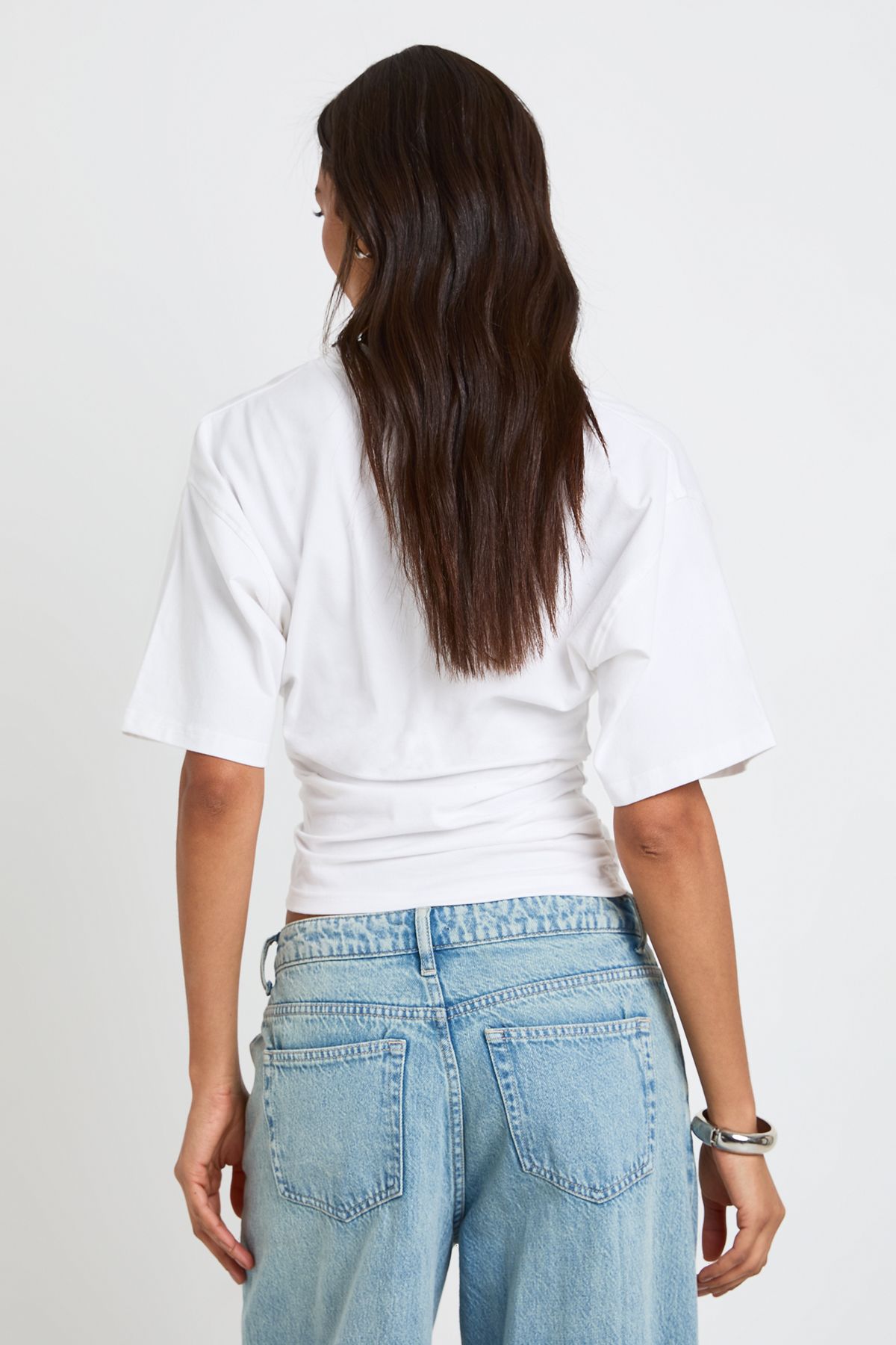 Boohoo Womens Tall V-Neck Cinched Waist T-Shirt - White Cotton