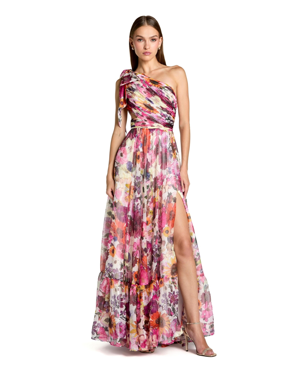 Women's Side Cut Out One-Shoulder Floral Chiffon Gown - White multi