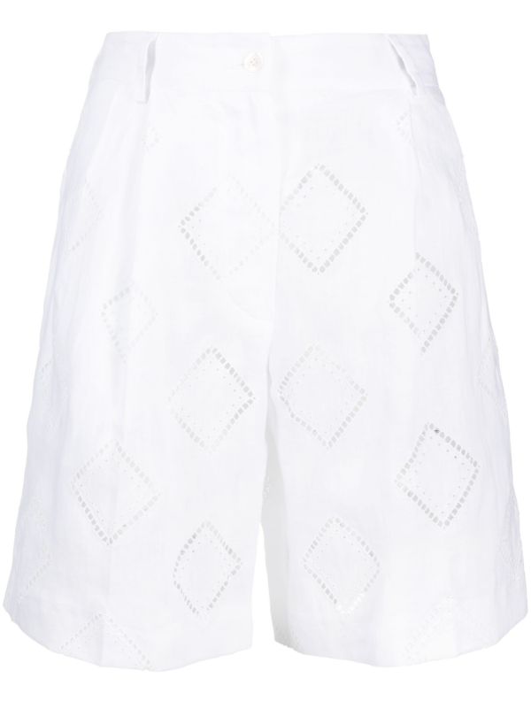Perforated-Detailed Linen Shorts — White