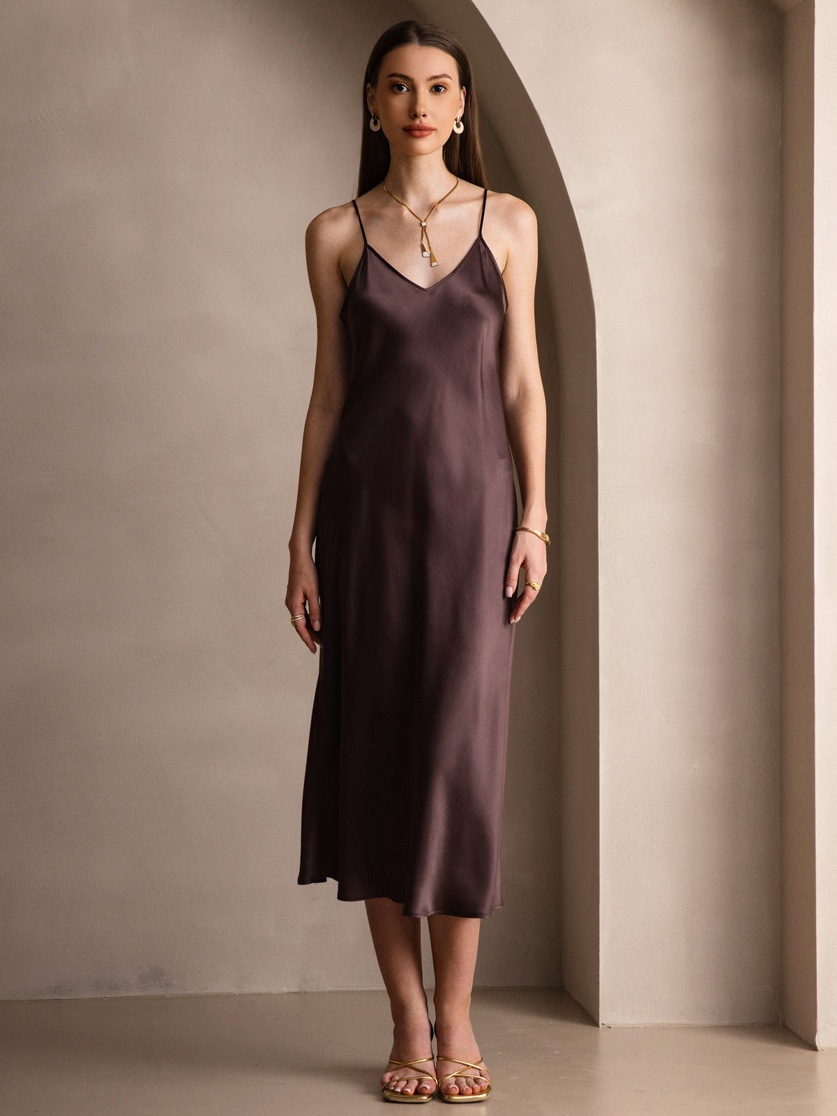 Pure Silk Spaghetti Strap Midi Dress