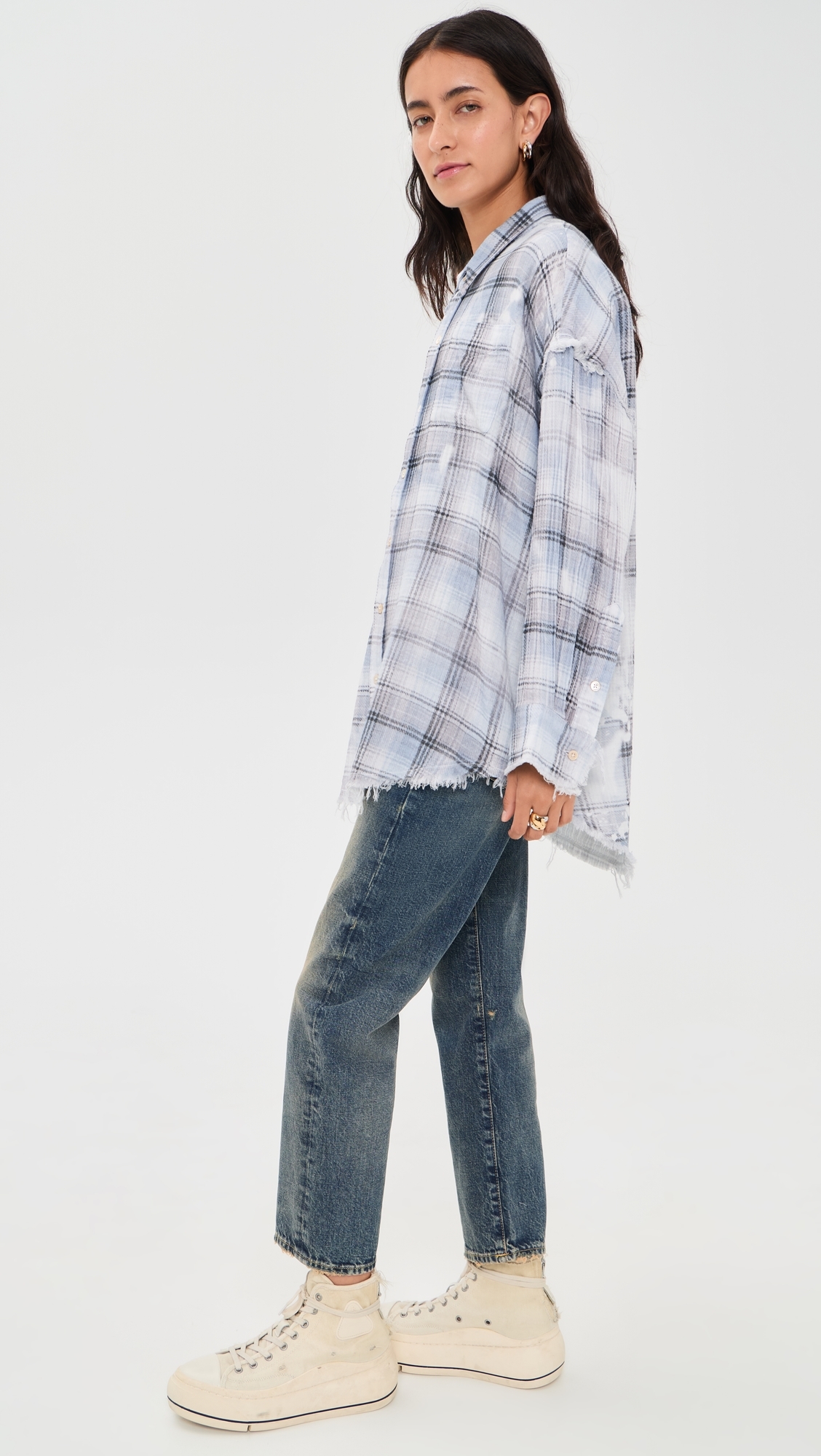 Shredded Seam Button Down Shirt Blue Bleached Plaid